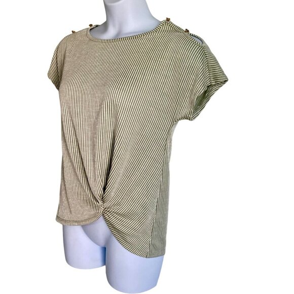 Ava James Striped Knot Front Short Sleeve Top Gold Button Accents Women's Medium - Picture 3 of 11